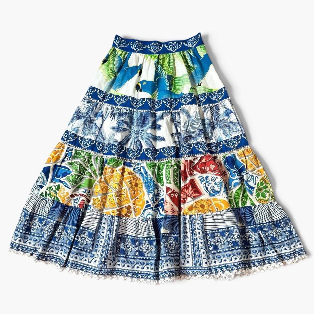 Farm Rio Tropicale Tiered Maxi Skirt Size Small Parrot Floral Blue Tropical Boho